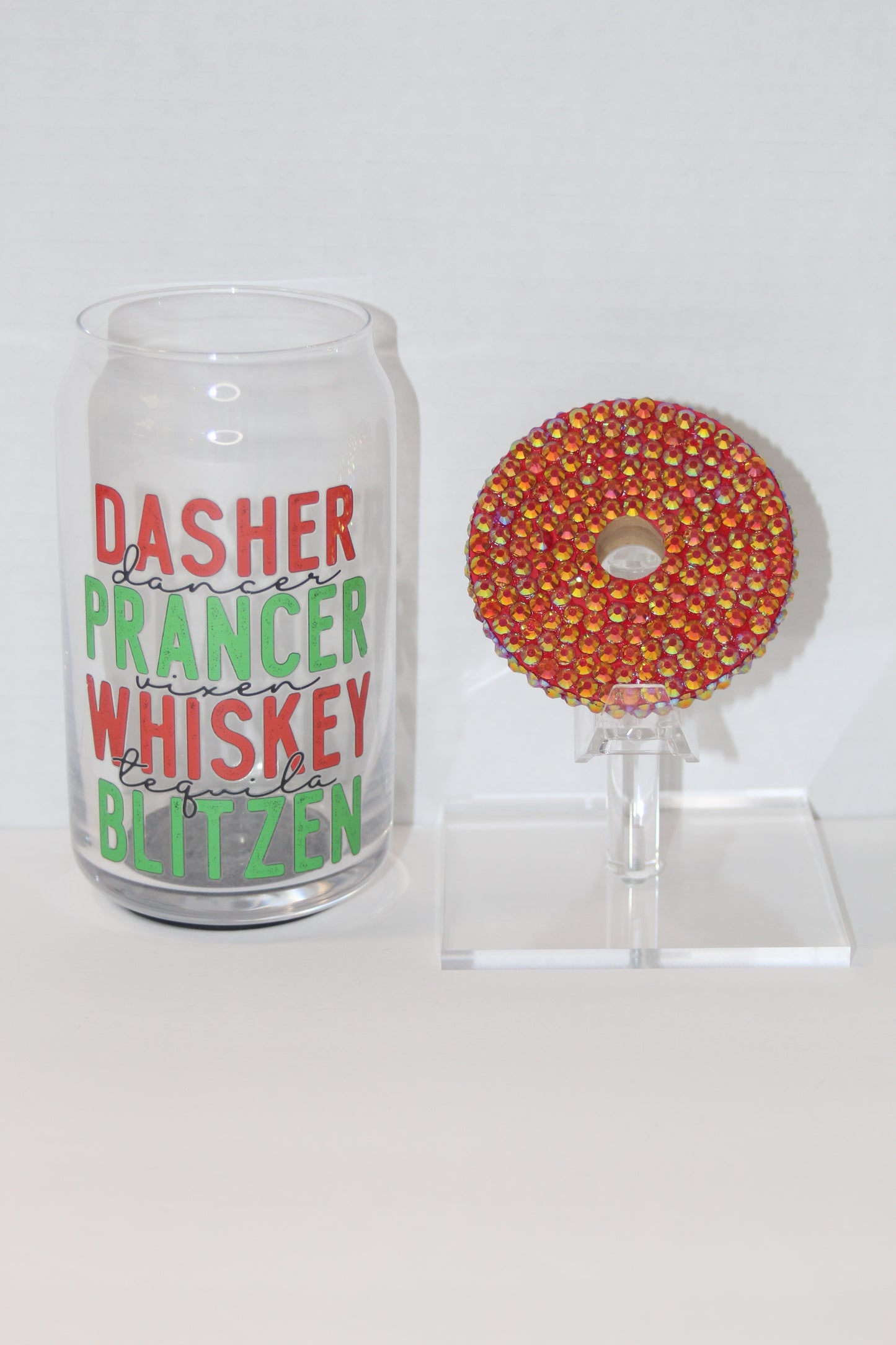 Reindeer Names in Red 16 oz Can Glass