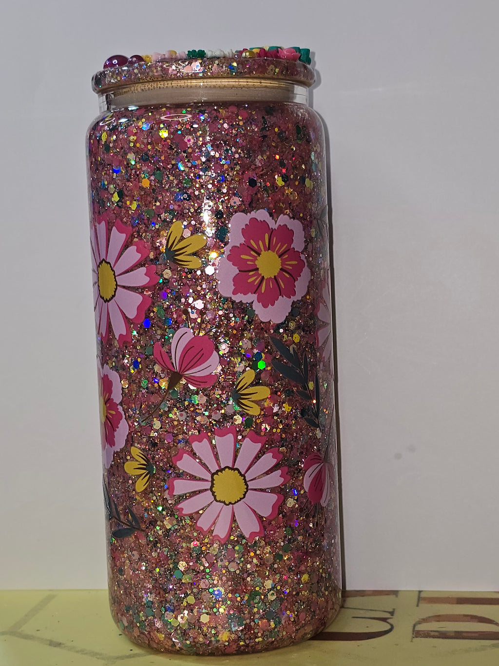 Pink and Teal Floral Design 16 oz Suspended Can Glass