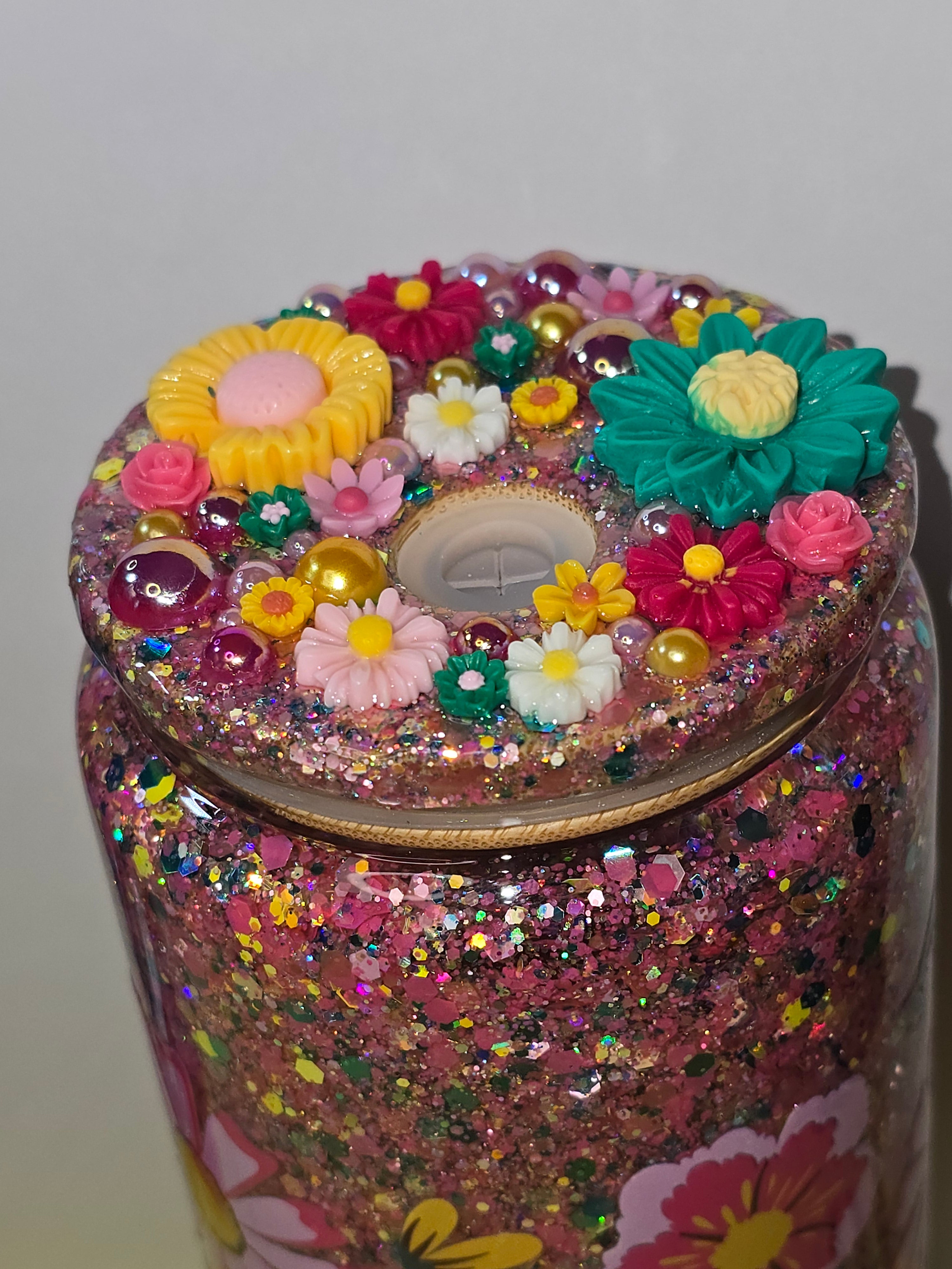 Pink and Teal Floral Design 16 oz Suspended Can Glass