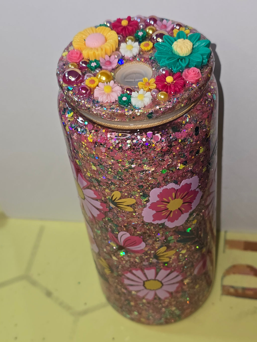 Pink and Teal Floral Design 16 oz Suspended Can Glass