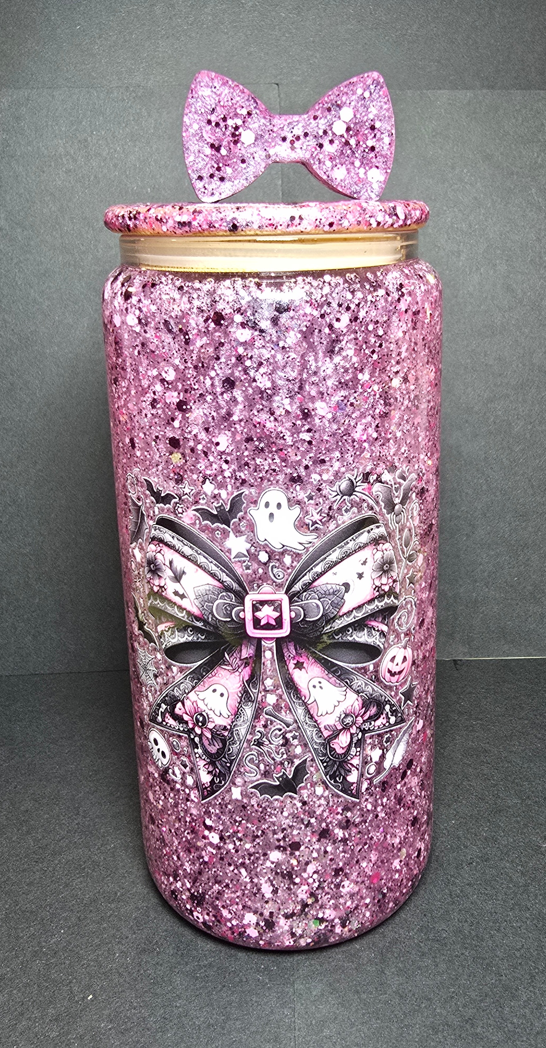 16 oz Halloween Pink Ghost Bow Snow Globe Can Glass
