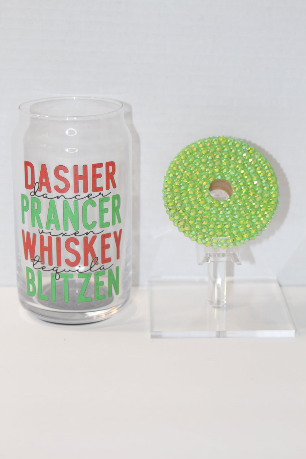 Reindeer Names in Green 16 oz Can Glass