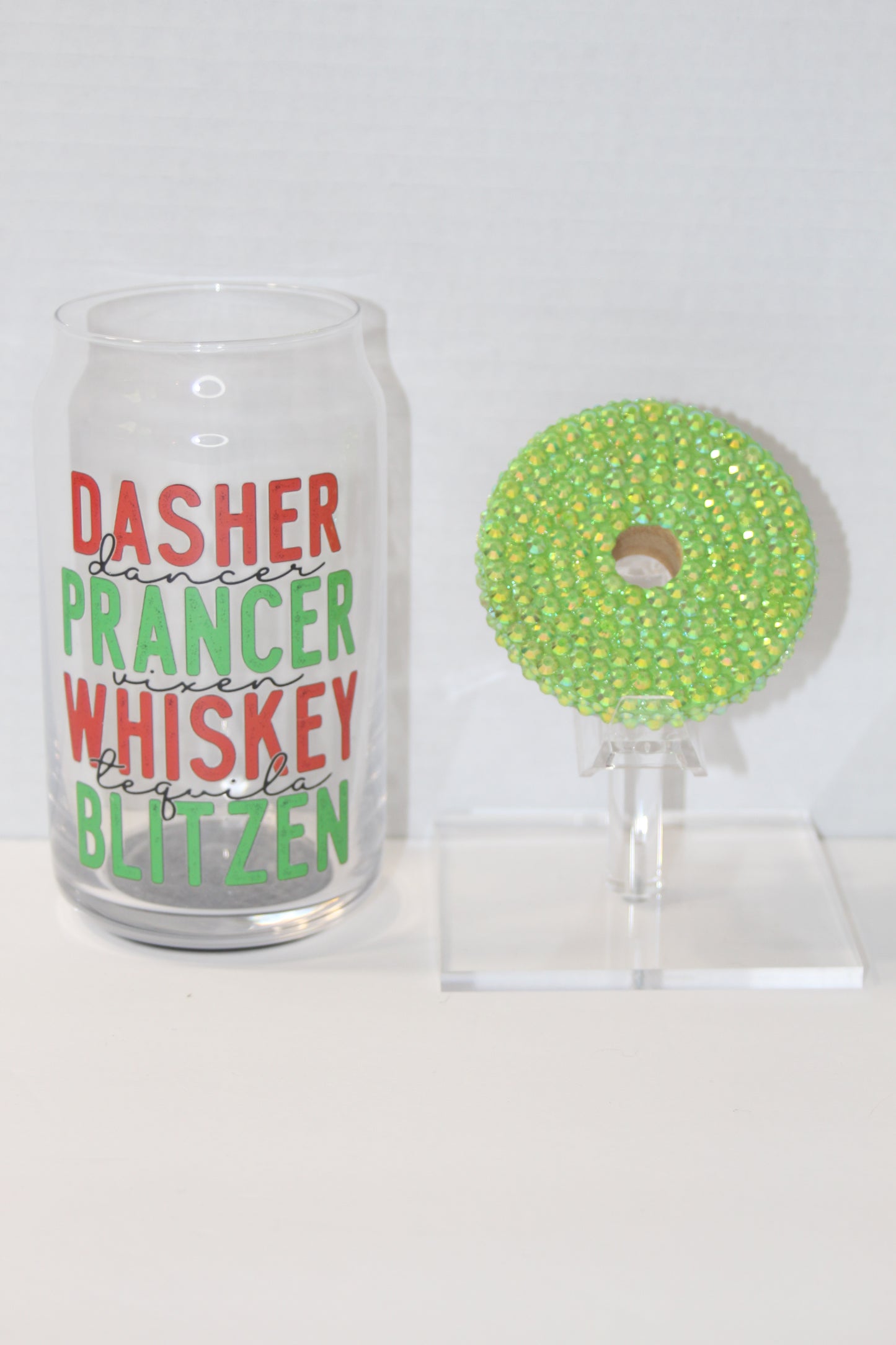 Reindeer Names in Green 16 oz Can Glass