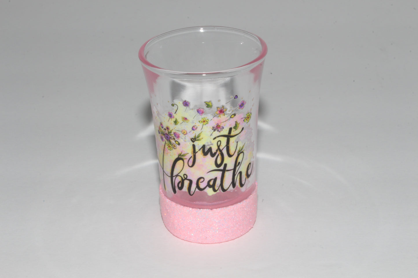 Just Breathe Baby Pink Glitter Shot Glass